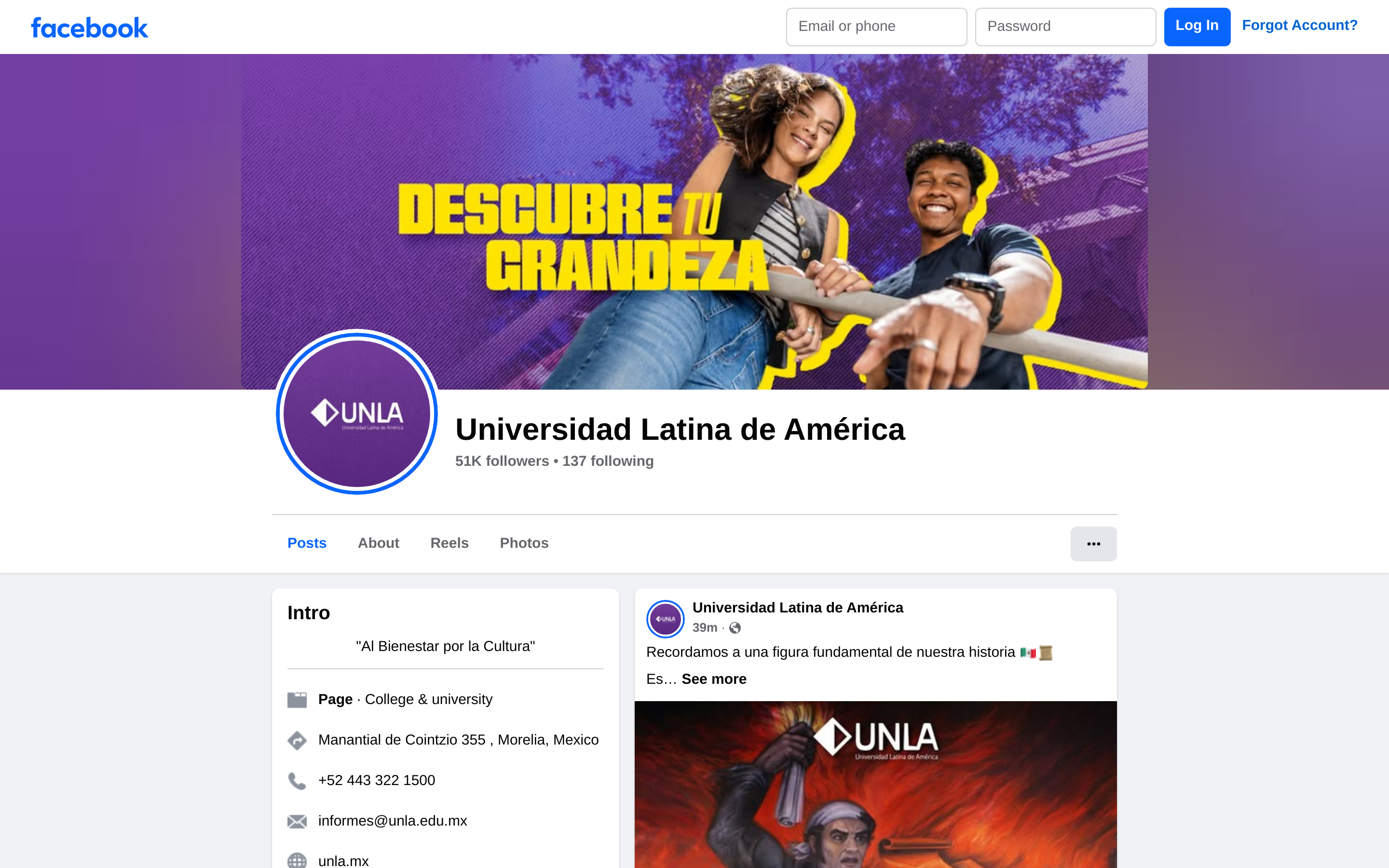 Capturado automáticamente de https://www.facebook.com/unlamorelia — muro de acceso: así se ve el perfil desde fuera, sin sesión iniciada