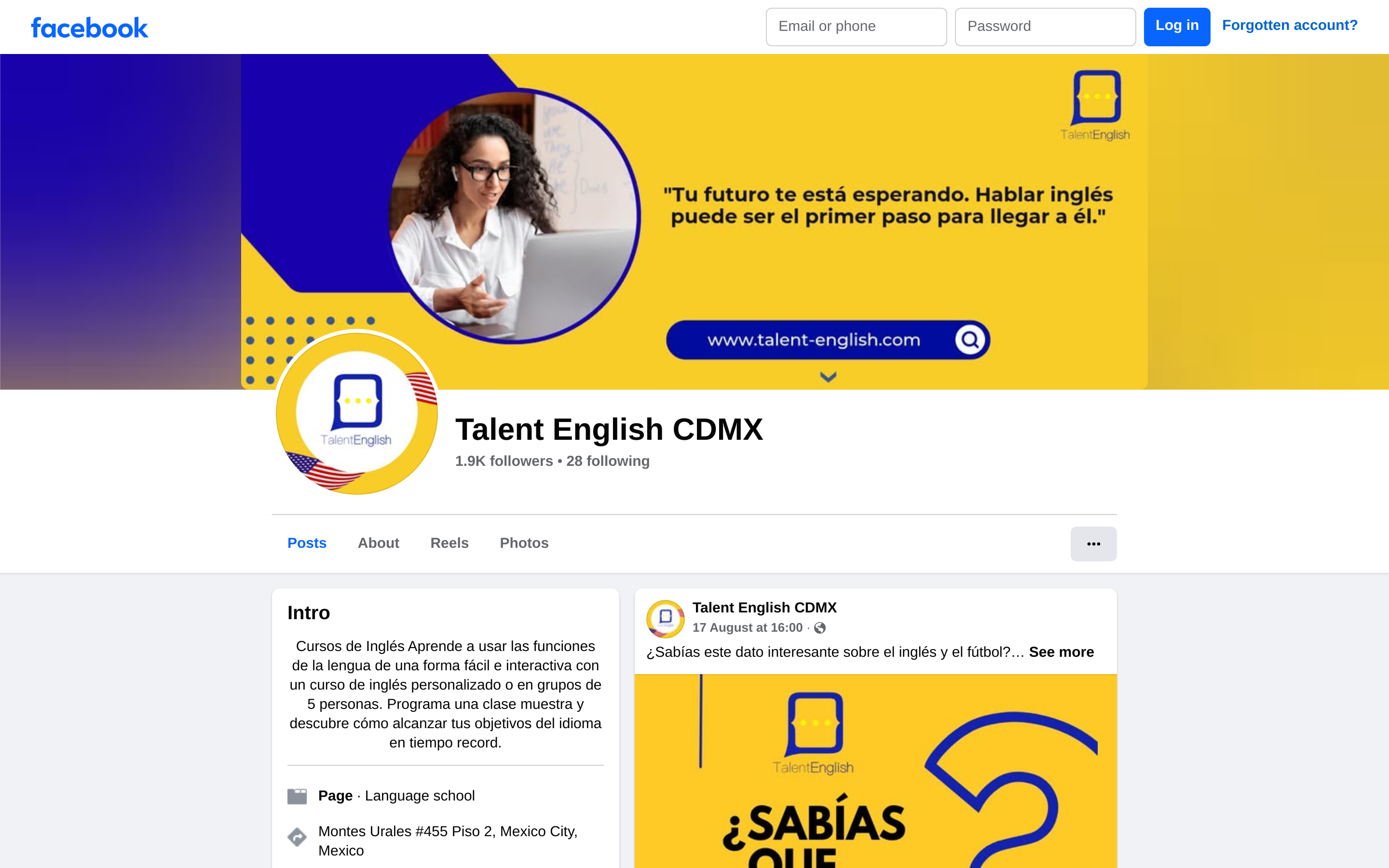 Capturado automáticamente de https://www.facebook.com/TalentEnglishMexico — muro de acceso: así se ve el perfil desde fuera, sin sesión iniciada